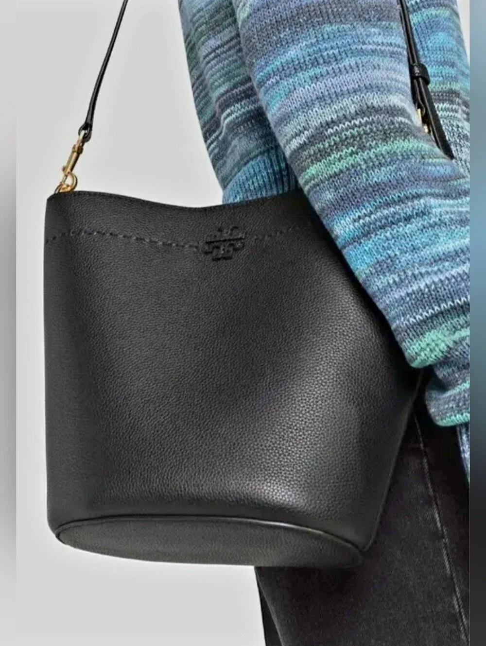 Tory Burch McGraw Black Pebbled Leather Bucket Crossbody/Shoulder Bag